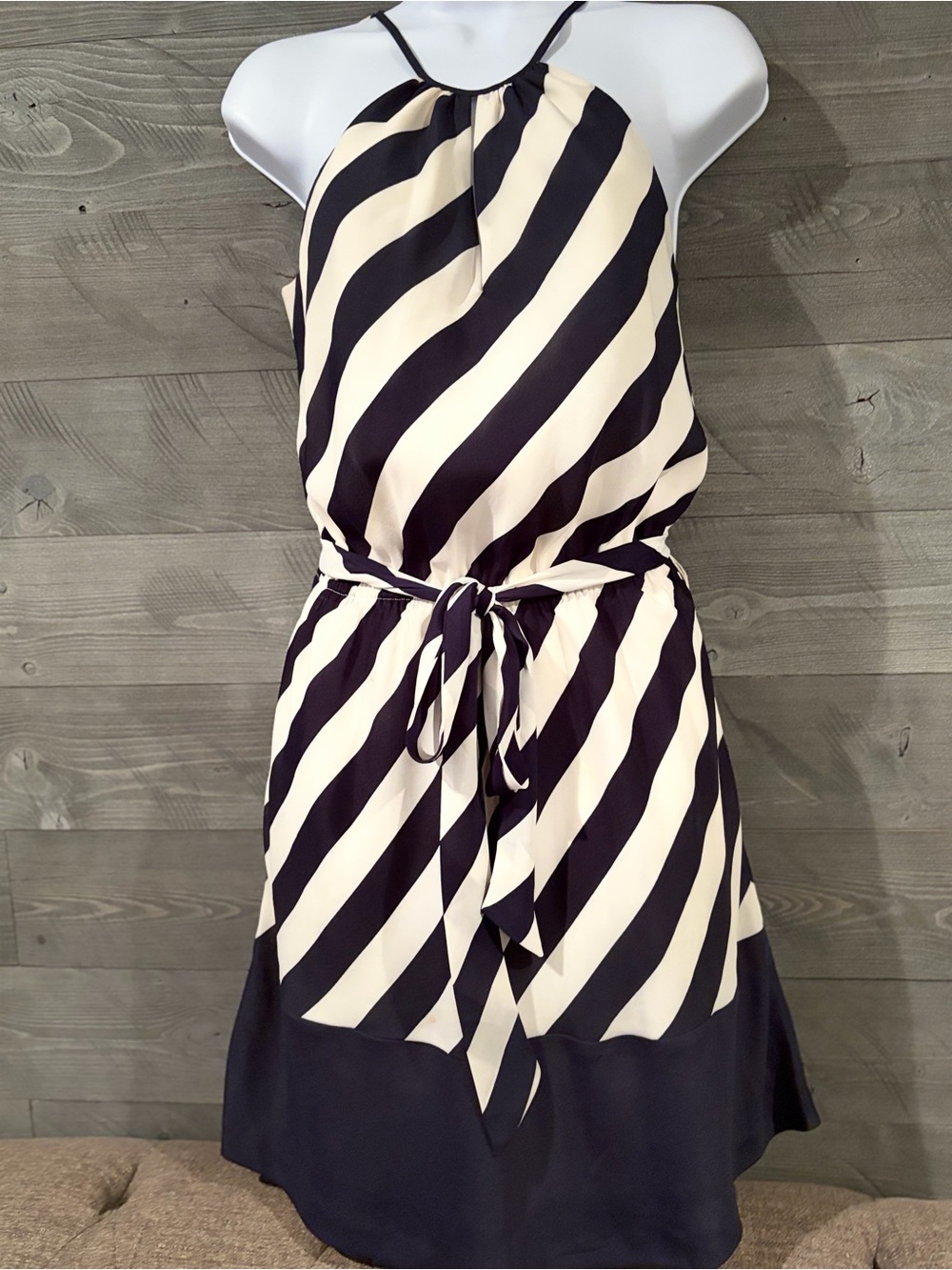 Express Black and Cream Striped Halter Tie-Waist Mini Dress